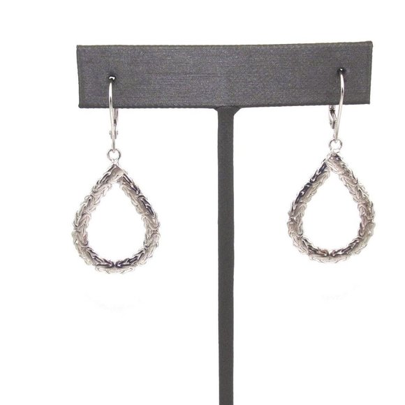 Signed AK Sterling Silver Byzantine Drop Dangle Pear Hoop Earrings - Picture 4 of 5